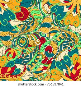 Tracery seamless pattern. Mehndi design. Ethnic colorful doodle texture. Curved doodling background. Vector