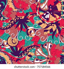 Tracery seamless pattern. Mehndi design. Ethnic colorful doodle texture. Curved doodling background. Vector