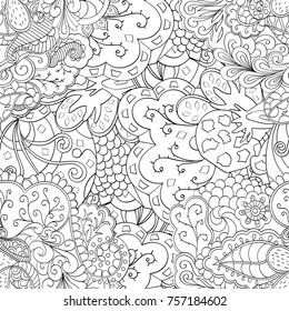 Tracery seamless pattern. Mehndi design. Ethnic monochrome binary doodle texture. Curved doodling black and white background. Vector