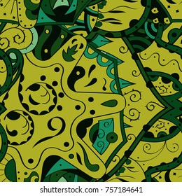 Tracery seamless pattern. Mehndi design. Ethnic colorful doodle texture. Curved doodling background. Vector