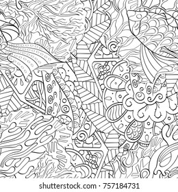 Tracery seamless pattern. Mehndi design. Ethnic monochrome binary doodle texture. Curved doodling black and white background. Vector