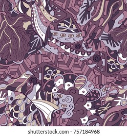 Tracery seamless pattern. Mehndi design. Ethnic colorful doodle texture. Curved doodling background. Vector