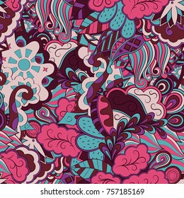 Tracery seamless pattern. Mehndi design. Ethnic colorful doodle texture. Curved doodling background. Vector