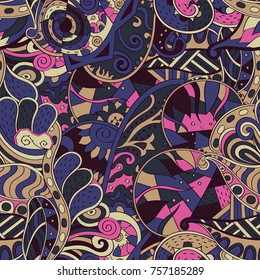 Tracery seamless pattern. Mehndi design. Ethnic colorful doodle texture. Curved doodling background. Vector