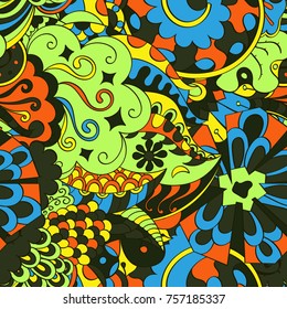 Tracery seamless pattern. Mehndi design. Ethnic colorful doodle texture. Curved doodling background. Vector