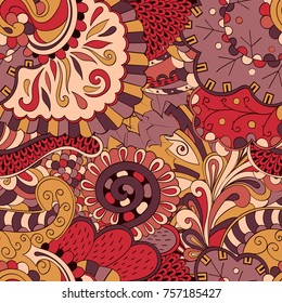 Tracery seamless pattern. Mehndi design. Ethnic colorful doodle texture. Curved doodling background. Vector