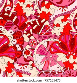 Tracery seamless pattern. Mehndi design. Ethnic colorful doodle texture. Curved doodling background. Vector