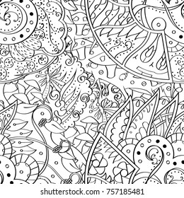 Tracery seamless pattern. Mehndi design. Ethnic monochrome binary doodle texture. Curved doodling black and white background. Vector