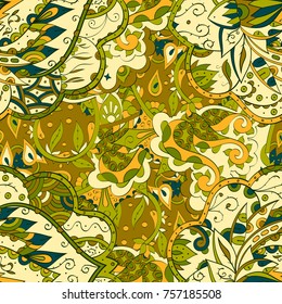 Tracery seamless pattern. Mehndi design. Ethnic colorful doodle texture. Curved doodling background. Vector