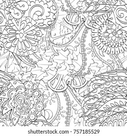 Tracery seamless pattern. Mehndi design. Ethnic monochrome binary doodle texture. Curved doodling black and white background. Vector