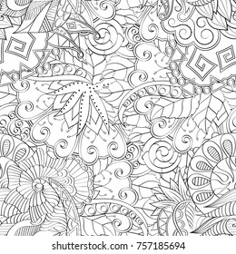Tracery seamless pattern. Mehndi design. Ethnic monochrome binary doodle texture. Curved doodling black and white background. Vector