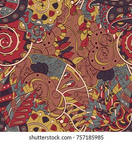 Tracery seamless pattern. Mehndi design. Ethnic colorful doodle texture. Curved doodling background. Vector