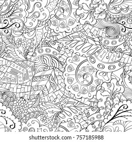 Tracery seamless pattern. Mehndi design. Ethnic monochrome binary doodle texture. Curved doodling black and white background. Vector