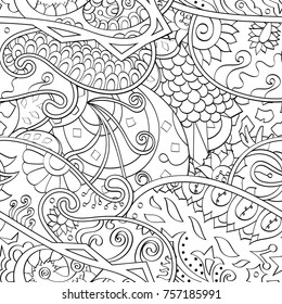 Tracery seamless pattern. Mehndi design. Ethnic monochrome binary doodle texture. Curved doodling black and white background. Vector