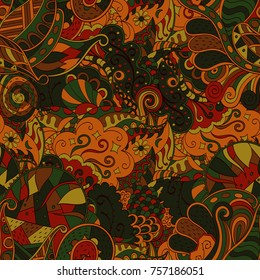 Tracery seamless pattern. Mehndi design. Ethnic colorful doodle texture. Curved doodling background. Vector