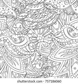 Tracery seamless pattern. Mehndi design. Ethnic monochrome binary doodle texture. Curved doodling black and white background. Vector