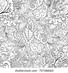 Tracery seamless pattern. Mehndi design. Ethnic monochrome binary doodle texture. Curved doodling black and white background. Vector