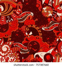Tracery seamless pattern. Mehndi design. Ethnic colorful doodle texture. Curved doodling background. Vector