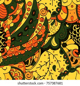 Tracery seamless pattern. Mehndi design. Ethnic colorful doodle texture. Curved doodling background. Vector