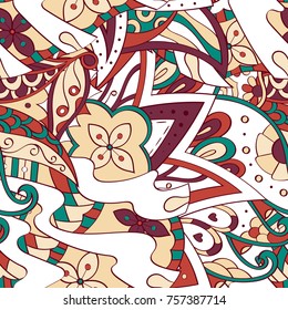 Tracery seamless pattern. Mehndi design. Ethnic colorful doodle texture. Curved doodling background. Vector