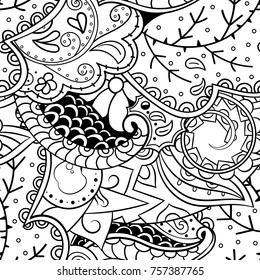 Tracery seamless pattern. Mehndi design. Ethnic monochrome binary doodle texture. Curved doodling black and white background. Vector