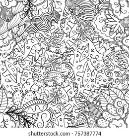 Tracery seamless pattern. Mehndi design. Ethnic monochrome binary doodle texture. Curved doodling black and white background. Vector