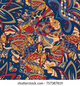Tracery seamless pattern. Mehndi design. Ethnic colorful doodle texture. Curved doodling background. Vector