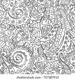 Tracery seamless pattern. Mehndi design. Ethnic monochrome binary doodle texture. Curved doodling black and white background. Vector