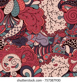 Tracery seamless pattern. Mehndi design. Ethnic colorful doodle texture. Curved doodling background. Vector