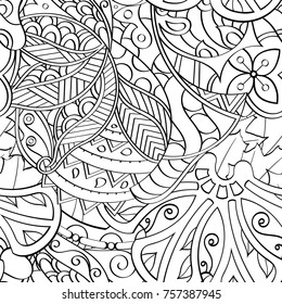 Tracery seamless pattern. Mehndi design. Ethnic monochrome binary doodle texture. Curved doodling black and white background. Vector