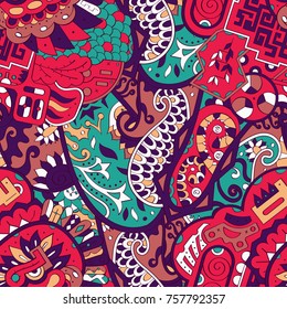 Tracery seamless pattern. Mehndi design. Ethnic colorful doodle texture. Curved doodling background. Vector