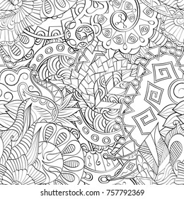 Tracery seamless pattern. Mehndi design. Ethnic monochrome binary doodle texture. Curved doodling black and white background. Vector