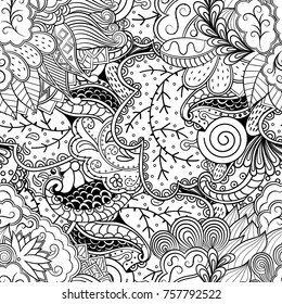 Tracery seamless pattern. Mehndi design. Ethnic monochrome binary doodle texture. Curved doodling black and white background. Vector