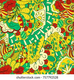 Tracery seamless pattern. Mehndi design. Ethnic colorful doodle texture. Curved doodling background. Vector