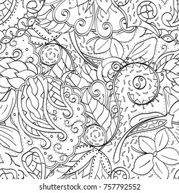Tracery seamless pattern. Mehndi design. Ethnic monochrome binary doodle texture. Curved doodling black and white background. Vector