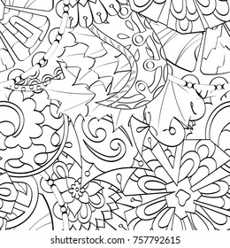 Tracery seamless pattern. Mehndi design. Ethnic monochrome binary doodle texture. Curved doodling black and white background. Vector