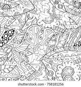 Tracery seamless pattern. Mehndi design. Ethnic monochrome binary doodle texture. Curved doodling black and white background. Vector