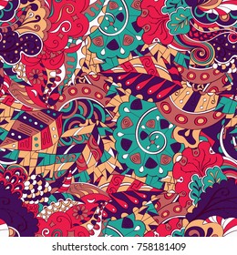 Tracery seamless pattern. Mehndi design. Ethnic colorful doodle texture. Curved doodling background. Vector