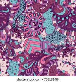 Tracery seamless pattern. Mehndi design. Ethnic colorful doodle texture. Curved doodling background. Vector