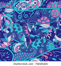 Tracery seamless pattern. Mehndi design. Ethnic colorful doodle texture. Curved doodling background. Vector
