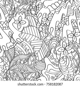 Tracery seamless pattern. Mehndi design. Ethnic monochrome binary doodle texture. Curved doodling black and white background. Vector