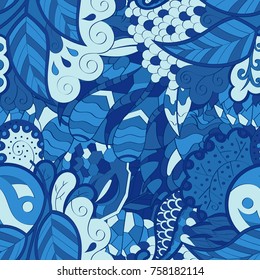 Tracery seamless pattern. Mehndi design. Ethnic colorful doodle texture. Curved doodling background. Vector