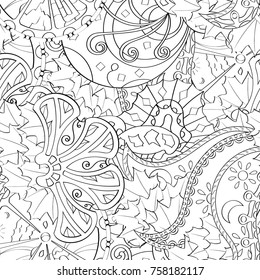 Tracery seamless pattern. Mehndi design. Ethnic monochrome binary doodle texture. Curved doodling black and white background. Vector