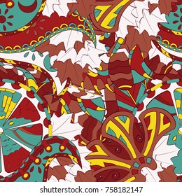 Tracery seamless pattern. Mehndi design. Ethnic colorful doodle texture. Curved doodling background. Vector