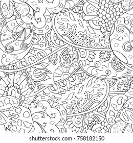 Tracery seamless pattern. Mehndi design. Ethnic monochrome binary doodle texture. Curved doodling black and white background. Vector