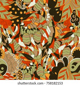 Tracery seamless pattern. Mehndi design. Ethnic colorful doodle texture. Curved doodling background. Vector