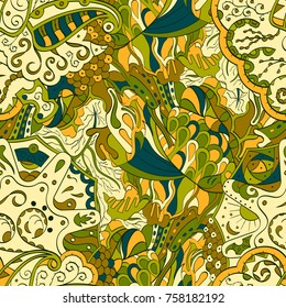 Tracery seamless pattern. Mehndi design. Ethnic colorful doodle texture. Curved doodling background. Vector