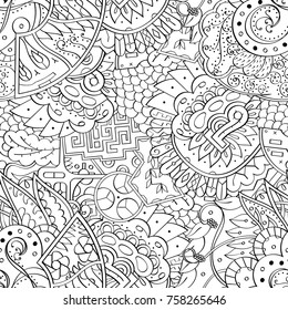 Tracery seamless pattern. Mehndi design. Ethnic monochrome binary doodle texture. Curved doodling black and white background. Vector