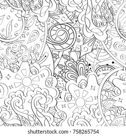 Tracery seamless pattern. Mehndi design. Ethnic monochrome binary doodle texture. Curved doodling black and white background. Vector