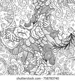 Tracery seamless pattern. Mehndi design. Ethnic monochrome binary doodle texture. Curved doodling black and white background. Vector